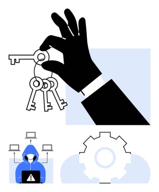 El ele tutuşan anahtarlar erişim kontrolünü simgeliyor. Kapüşonlu figür hacklemeyi işaret ediyor. Sistem işlemlerini gösteren dişliler. Güvenlik, hackleme, siber suç, erişim, teknoloji ve bilişim sistemi işlemleri için ideal