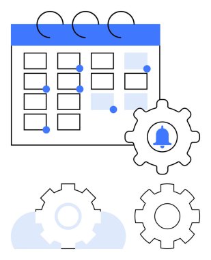Vurgulanmış tarih ve dişli simgelerine sahip takvim uyarıları ve ayarları sembolize eder. Zaman yönetimi, planlama, hatırlatıcılar, yapılandırma, verimlilik, organizasyon, düz basit metafor