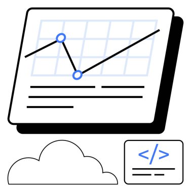 Çizgi grafiği, bağlı veri noktaları, bulut simgesi, kodlama kartı. Analiz, bulut teknolojisi, programlama, web geliştirme, veri analizi, yazılım mühendisliği düz metaforu için ideal