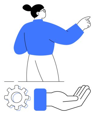 Kendine güvenen, yönü veya liderliği sembolize eden bir kadın. Aşağıda, el ve teçhizat takım çalışması, yenilik ve desteği temsil ediyor. Liderlik için ideal, takım çalışması, karar verme yeniliği