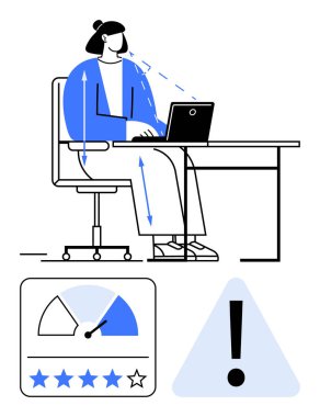 Masasında dizüstü bilgisayarı kullanan bir kadın. Duruş hizalama okları, performans ölçer ve uyarı işareti olan bir kadın. İş güvenliği, verimlilik, refah, sağlık tavsiyeleri, duruş eğitimi, ofis eğitimi için ideal