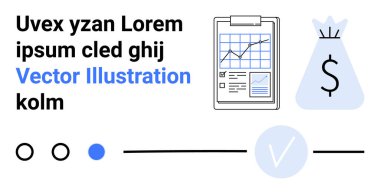 Çizgi grafik, dolar torbası ve ilerleme göstergeleriyle birlikte finansal büyüme tablosu. Yer Tutucu metni. Finans, yatırım, iş büyümesi, ilerleme ve ekonomi raporları için ideal