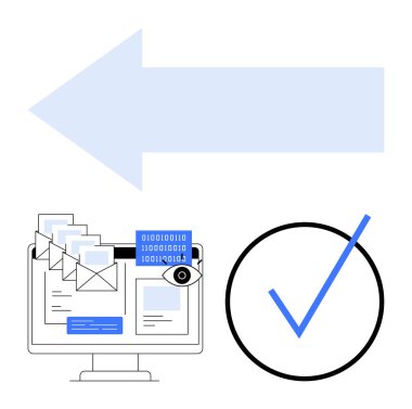 Büyük ok iş akışını, e-posta ve veri içeren bilgisayarı, güvenlik için göz sembolünü, doğrulama için mavi kontrol işaretini ön plana çıkarıyor. E- posta sistemleri, veri transferi, çevrimiçi gizlilik, iş akışı için ideal