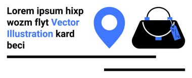 Mavi lokasyon rozeti ve siyah çanta ikonu, kalın yer tutucu metni. Alışveriş, moda, seyahat, e-ticaret, markalaşma, navigasyon, düz iniş sayfası afişi için ideal