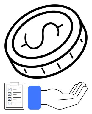 Avuç içi genişliği, görev listeleri gelir, bütçe ve mali sorumluluğu simgeleyen büyük paralar. Tasarruf, iş, yatırım, kişisel finans yönetimi hayır kurumu dairesi için ideal