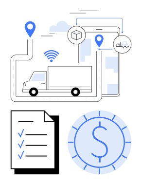GPS izleme ve veri simgelerini taşıyan bir kargo kamyonu görev yönetimi için kontrol listesi ve maliyet verimliliği için bir dolar işareti. Lojistik, tedarik zinciri, dağıtım, izleme ve teknoloji için ideal