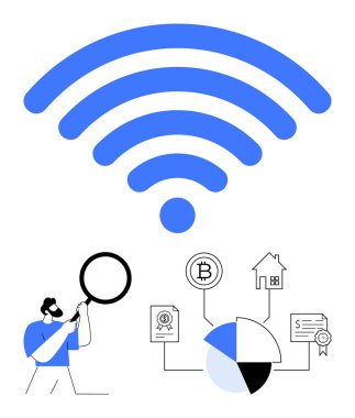 Geniş bir kablosuz sinyal, grafik, Bitcoin, ev, sertifika ve bağlantılar altında büyütülmüş veri analizleri. Teknoloji, finans, analiz yenilik bağlantı ekonomisi için ideal