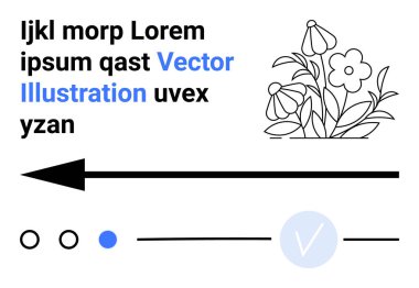 Siyah ve beyaz çiçek tasarımı, yatay ok, dairesel simgeler ve mavi renkli yazı. Web tasarımı, sunumlar, eğitim materyalleri, bilgi grafikleri, grafik tasarım pazarlaması için ideal