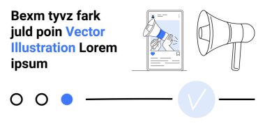 Mobil ekranda el ele tutuşan megafon. Ek megafon, metin blokları ve navigasyon için daireler. Çevrimiçi pazarlama, sosyal medya, mobil uygulamalar, markalaşma, reklam kampanyaları için ideal