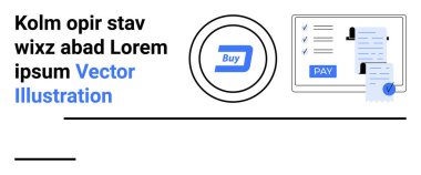 Makbuzlu, işaretli ve profilli dairesel satın alma düğmesi ve ekran. E-ticaret, fintech, UIUX tasarımı, çevrimiçi işlemler, alışveriş, dijital araçlar için ideal düz bir metafor