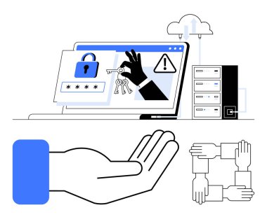 Kilitli dizüstü bilgisayar, anahtarlar, alarm simgeleri, bulut deposu, sunucu, uzanmış el ve bağlı eller. Siber güvenlik için ideal, veri gizliliği güvenli paylaşım takım çalışması bulut bilgisayar ağı güvenliği