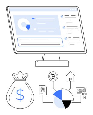 Para, pasta grafiği, kripto para, ev ve belgelerle veri analizlerini görüntüle. Finans, yatırım, emlak analizi ve varlıklar için ideal. Düz