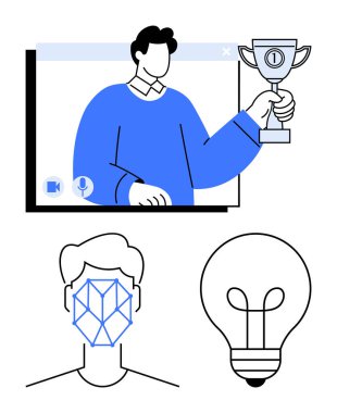 Videoda ödülü elinde tutan kişi, yüz tanıma şekli yüzünde, fikirleri ve yeniliği sembolize eden ampul ikonu. Başarı, teknoloji, yapay zeka, sanal olaylar ve yenilik için ideal