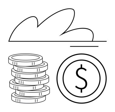 Üst üste dizilmiş madeni paraların ve dolar simgesinin üzerindeki bulut tasarısı çevrimiçi tasarrufları, dijital bankacılık, veri depolama, e-ticaret, finansal teknoloji, yatırım ve uzaktan hesap erişimini yansıtıyor. Düz basit metafor