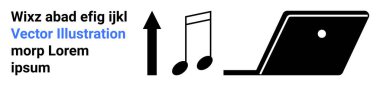 Metin bloğu, yukarı doğru ok, müzikal notalar ve büyümeyi, yaratıcılığı, teknolojiyi ve dijital içeriği temsil eden dizüstü bilgisayar. Medya ve müzik gelişimi için ideal teknoloji eğitimi sektörü soyut çizgi düz