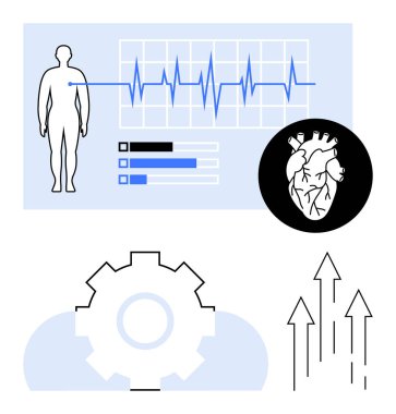 Kalp atışı grafiği, dişli sembolü ve büyüme okları olan insan figürü ve kalp diyagramı sağlık izleme, tıbbi teknoloji, ilerleme izlemesini gösteriyor. Sağlık, zindelik ve yenilik için ideal