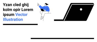 Dizüstü bilgisayarı olan, tek elle işaret eden, stilize edilmiş, yakın plan dizüstü bilgisayarı olan, çok az mesaj alan biri. İletişim, iş, eğitim, toplantılar, beyin fırtınası sunumları için ideal soyut çizgi