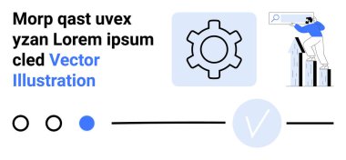 Büyütme gözlüğü, vites simgesi ve soyut şekillerle büyümeyi analiz eden bir iş adamı. Strateji, ayarlar, teknik destek, araştırma, iş büyümesi, soyut tasarım iniş sayfası için ideal
