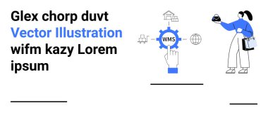 WMS vites simgesini işaret eden, lojistik sembollerle çevrili, elinde eşya tutan bir kadın. Tedarik zinciri, teknoloji, lojistik, e-ticaret, yazılım sistemi, dijital çözümler için ideal