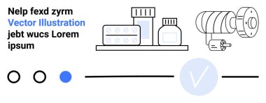 Mekanik bir parçanın yanında hap ve ilaç şişeleri, metin ve işaretleme elementleri. Sağlık, ilaç, tıbbi teknoloji, mühendislik, dijital arayüzler, çevrimiçi hizmetler, kullanıcı için ideal