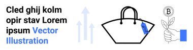 Etiketli siyah el çantası, büyümeyi sembolize eden yukarı doğru oklar, Bitcoin ikonlu filizlenen bitki. E-ticaret, fintech, sürdürülebilirlik, lüks, engelleme zinciri, moda düz iniş sayfası için ideal