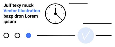 Soyut tasarım bir saat, metin elemanları, üç daire ve büyük bir işaret içerir. Üretkenlik, verimlilik, minimalizm, zaman yönetimi, modern tasarım kullanıcı arayüzü kavramları için ideal