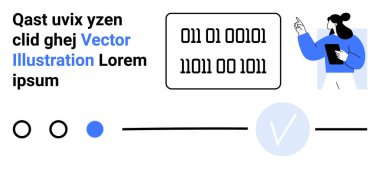 Kadın ikili kodları işaret ediyor, elinde bir defter var. Mavi renklendirilmiş vektör illüstrasyonlu metin. Veri analizi, sunumlar, teknik eğitim, dijital pazarlama, yazılım arayüzü için ideal