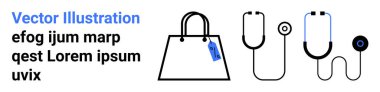 Yanında basit steteskop resimlerinin olduğu etiketli el çantası. Sağlık, alışveriş, markalaşma, moda, minimalizm, tıbbi ekipman ve düz iniş sayfası afişi için ideal