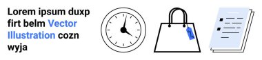 Zamanı vurgulayan saat, perakendeciyi sembolize eden alışveriş çantası ve organizasyon için belge yığını. Üretkenlik, alışveriş, perakende, iş, programlar, organizasyon sade iniş sayfası afişi için ideal
