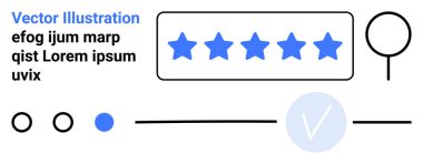 Beş mavi yıldızlı müşteri değerlendirmesi onaylama işareti, üç daire ve büyüteç. Kullanıcı geribildirimi, müşteri memnuniyeti, reytingler, değerlendirmeler, kalite kontrolü onayı için ideal