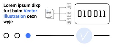 Dikdörtgen içinde ikili kod 010011 bağlantılı belgelerle birlikte. Mavi daire ve kene işaretli lorem ipsum metin, belgeler, kontrol işareti. Teknoloji, veri analizi ve bilgi işleme için ideal