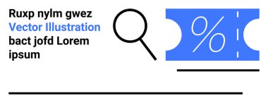 Büyüteç, yüzde işaretli mavi kupona odaklanıyor. Tasarrufları temsil ediyor. İndirim, analitik, perakende tanıtım, finans, pazarlama, satış ve e-ticaret için ideal. Soyut satır düzlüğü
