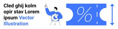 Kalın yüzdelik işareti ve yükseklik okları olan büyük bir kupona doğru el kol hareketi yapan biri. Satış promosyonları, indirimler, mali hedefler, tasarruflar, pazarlama, yüzde takibi, soyut çizgi