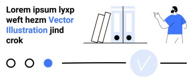 Dik klasörlerde el kol hareketi yapan adam. Yer tutucu metin, işaretli kutular ve işaretli kontrol listesi. İş, eğitim, bilgi grafikleri, sunumlar, web sitesi tasarımı, öğrenme materyalleri için ideal