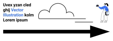 Minimum tasarım, buluta bakan bir kamera ve kalın siyah bir okla yapılmış. Yaratıcılık, fotoğrafçılık, teknoloji, veri transferi, ilerleme, yenilik, düz iniş sayfası afişi için ideal
