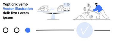 İşçi madencilik kripto para birimi figürü nesneleri dengeler, binaları ve parayı soyut çember ve çizgilerde parmakla gösterirler. Finans, engelleme zinciri, ekonomi, analiz, yatırım, teknoloji, veri için ideal