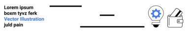 Finansı sembolize eden cüzdanın yanında yeniliği temsil eden dişli bir ampul. Sol köşede yer tutucu metin var. Finans, yenilik, fikirler, yaratıcılık, girişimler, para yönetimi için ideal