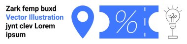 Konum broşu, yüzde indirim işareti olan bilet ve filizlenen bir ampul. İş, pazarlama, indirimler, teklifler, ilham yeniliği ve yaratıcı kavramlar için idealdir. Soyut çizgi