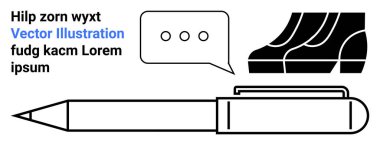 Minimalist siyah kalem, üç noktalı konuşma balonu, kısmi soyut ayakkabı grafiği ve yer tutucu metin konsepti. İletişim, yazma, yaratıcılık, eğitim ve markalaşma için ideal