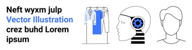 Gardırop seçimlerini içeren çok yönlü kavramsal tasarım, yapay zekayı sembolize eden teçhizatlı bir insan kafası ve minimalist bir yüz. Teknoloji blogları, yapay zeka tartışmaları, moda, yenilik, temiz tasarım için ideal