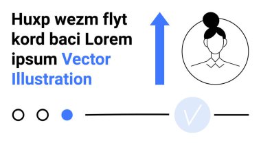 İş kadını silueti çemberin içinde, kalın metin elemanları, yukarı doğru mavi ok ve daire şeklinde işaretler. Şirket, sunum, ilerleme, büyüme ve onaylama için ideal profesyonel iletişim