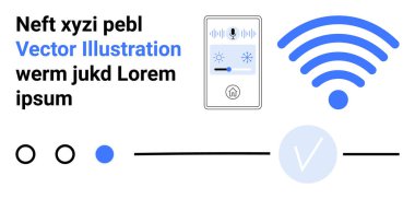 Ev kontrol arayüzünü gösteren akıllı telefon, büyük kablosuz bağlantı simgesi, örnek metin ögeleri, işaret simgesi, kaydırma çubuğu ve dairesel seçim düğmeleri. Akıllı ev sistemleri için ideal