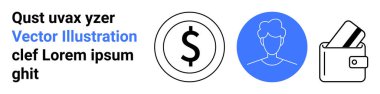 Üç temel unsur finansal temalar için bir dolar işareti, kişisel kimlik için bir kullanıcı avatarı ve işlem için kartları olan bir cüzdan. Finansal hizmetler, bankacılık, kişisel finans için ideal