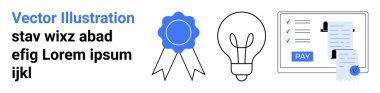 Mavi başarı kurdelesi, fikirleri ya da yeniliği sembolize eden ampul ve Pay düğmeli dijital ödeme formu. Başarı, yaratıcılık, fintech, yenilik, eğitim, hedefler ödeme çözümleri için ideal