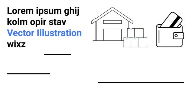 Kutuları olan bir depo, kredi kartı olan bir cüzdan ve yer tutucu mesajı. E-ticaret, lojistik, finans, ödemeler, depolama bankacılığı ve perakende için ideal. İniş sayfası