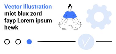 Lotus pozunda meditasyon yapan kadın, soyut kontrol işareti, teçhizat ve metin parçaları. Sağlık, meditasyon, fitness, farkındalık üretkenlik sağlık uygulamaları yaşam tarzı ve denge için idealdir. İniş sayfası