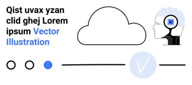 İnsan kafasında yapay zeka çipi, bulut ve metin var. Yapay zeka, bulut hesaplama, veri yönetimi, teknolojik yenilik, gelecekteki dijital dönüşüm kavramları için ideal. İniş sayfası