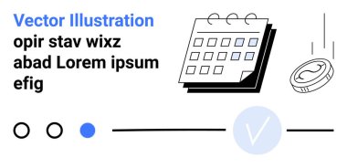 Tarihli takvim, hareket halindeki para ve işaret. Finansal planlama, planlama, iş stratejisi, proje yönetimi, karar verme mekanizmasının takibi ve verimliliği için ideal. İniş sayfası