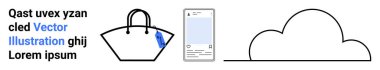 Mavi tıklama ögesine sahip alışveriş torbası, mobil ekran kurulumu ve bulut çizgisi. E-ticaret, çevrimiçi alışveriş, teknoloji, bulut depolama, dijital platformlar, kullanıcı arayüzü düz iniş sayfası için ideal