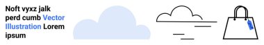 Bulut grafiği, minimalist resim çantası ve metinlerle çevrili. Alışveriş, basitlik ve dijital hizmetleri çağrıştırıyor. E-ticaret, bulut teknolojisi, veri depolama, markalaşma, web tasarımı UIUX dairesi için ideal